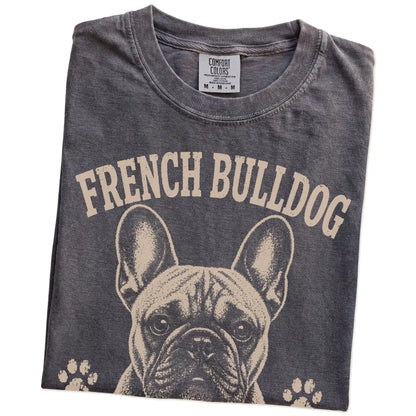 Folded Pepper Comfort Colors® T-shirt showing French Bulldog design with “Small Frame, Main Character Energy” lettering