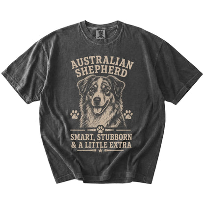 Australian Shepherd design with “Smart, Stubborn & A Little Extra” lettering on a Pepper Comfort Colors® T-shirt