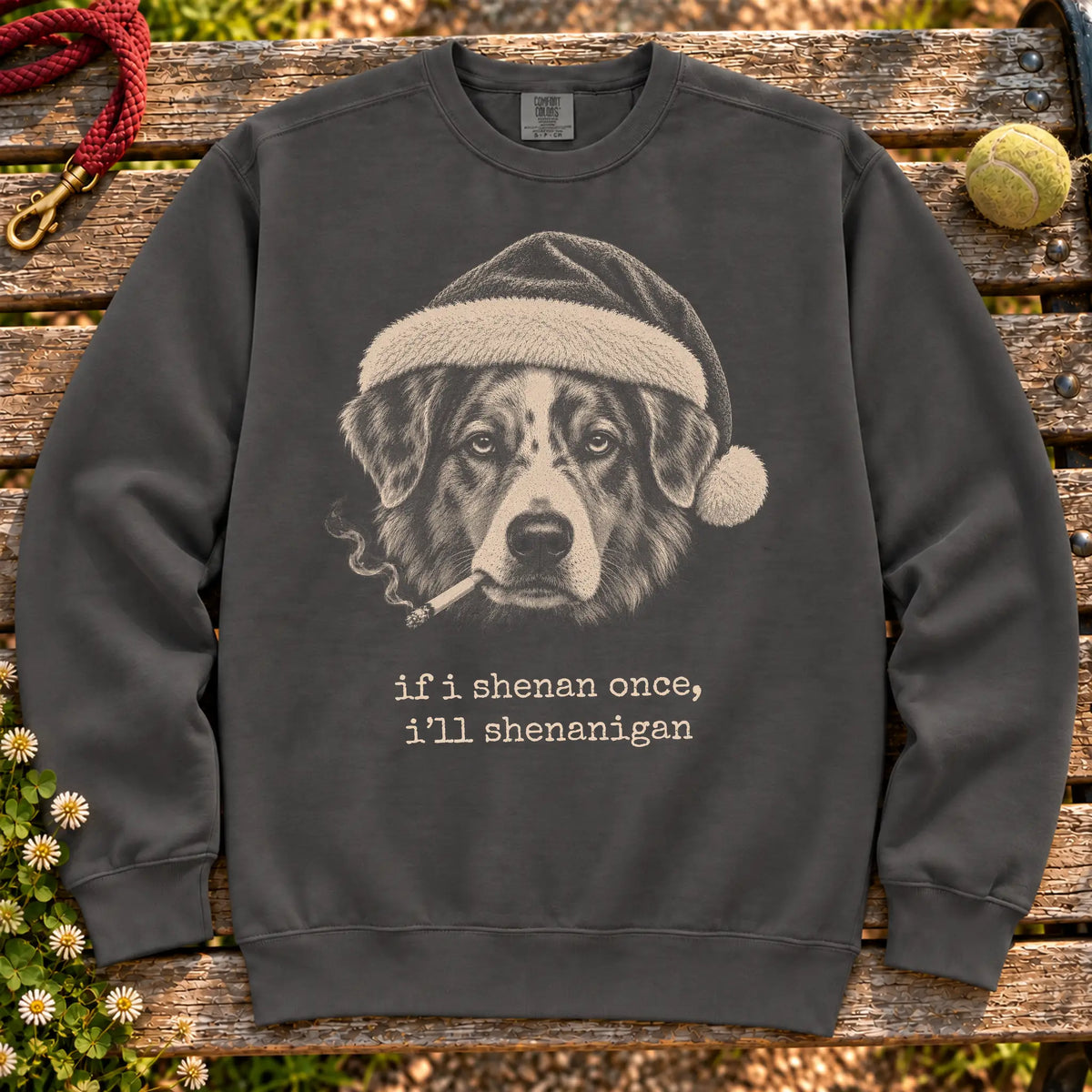 Australian Shepherd wearing a Santa hat and smoking on a Pepper sweatshirt