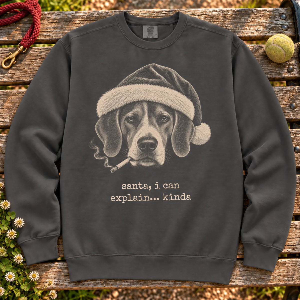 Beagle wearing a Santa hat and smoking on a Pepper sweatshirt