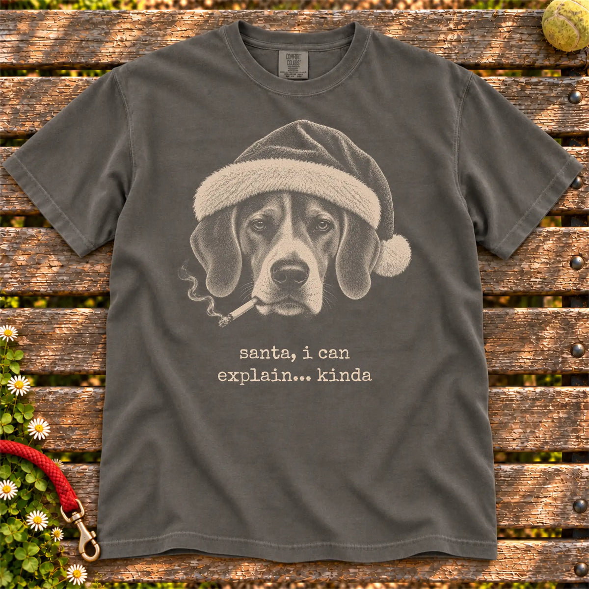 Beagle wearing a Santa hat and smoking on a Pepper T-shirt