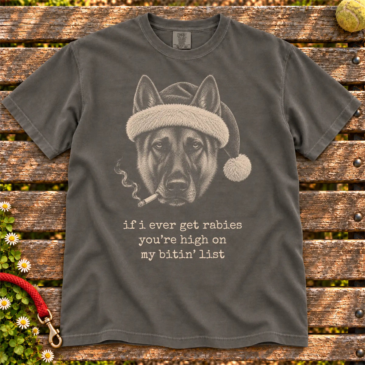 Belgian Malinois wearing a Santa hat and smoking on a Pepper T-shirt