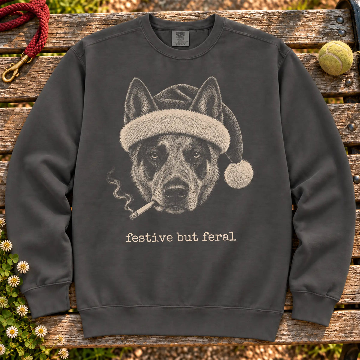 Blue Heeler wearing a Santa hat and smoking on a Pepper sweatshirt