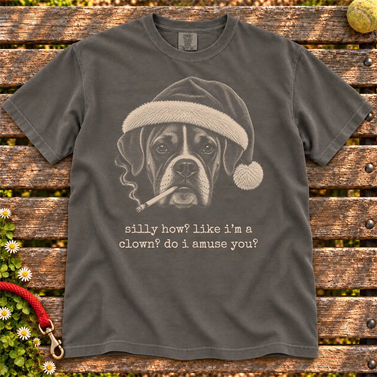 Boxer wearing a Santa hat and smoking on a Pepper T-shirt