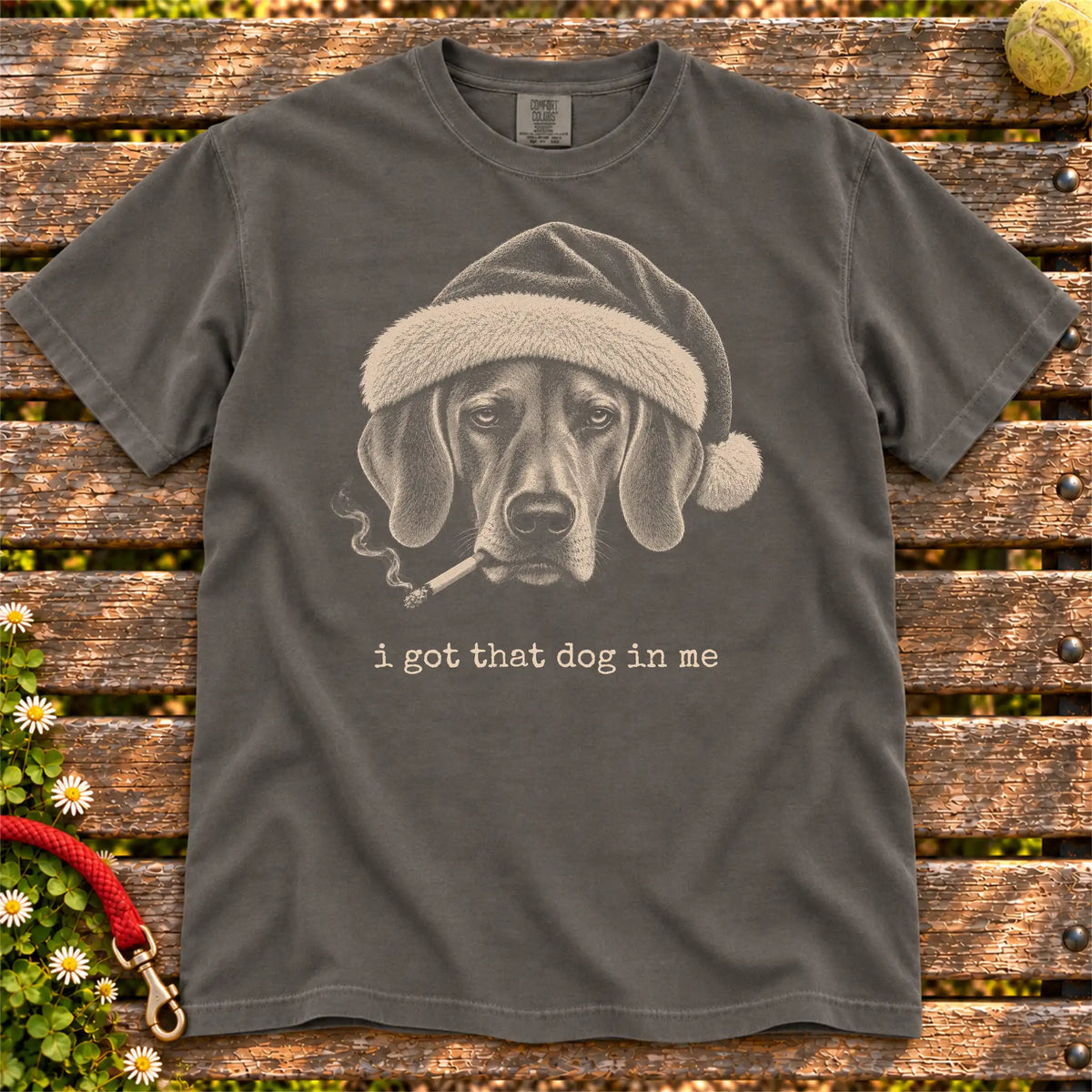 Dachshund wearing a Santa hat and smoking on a Pepper T-shirt
