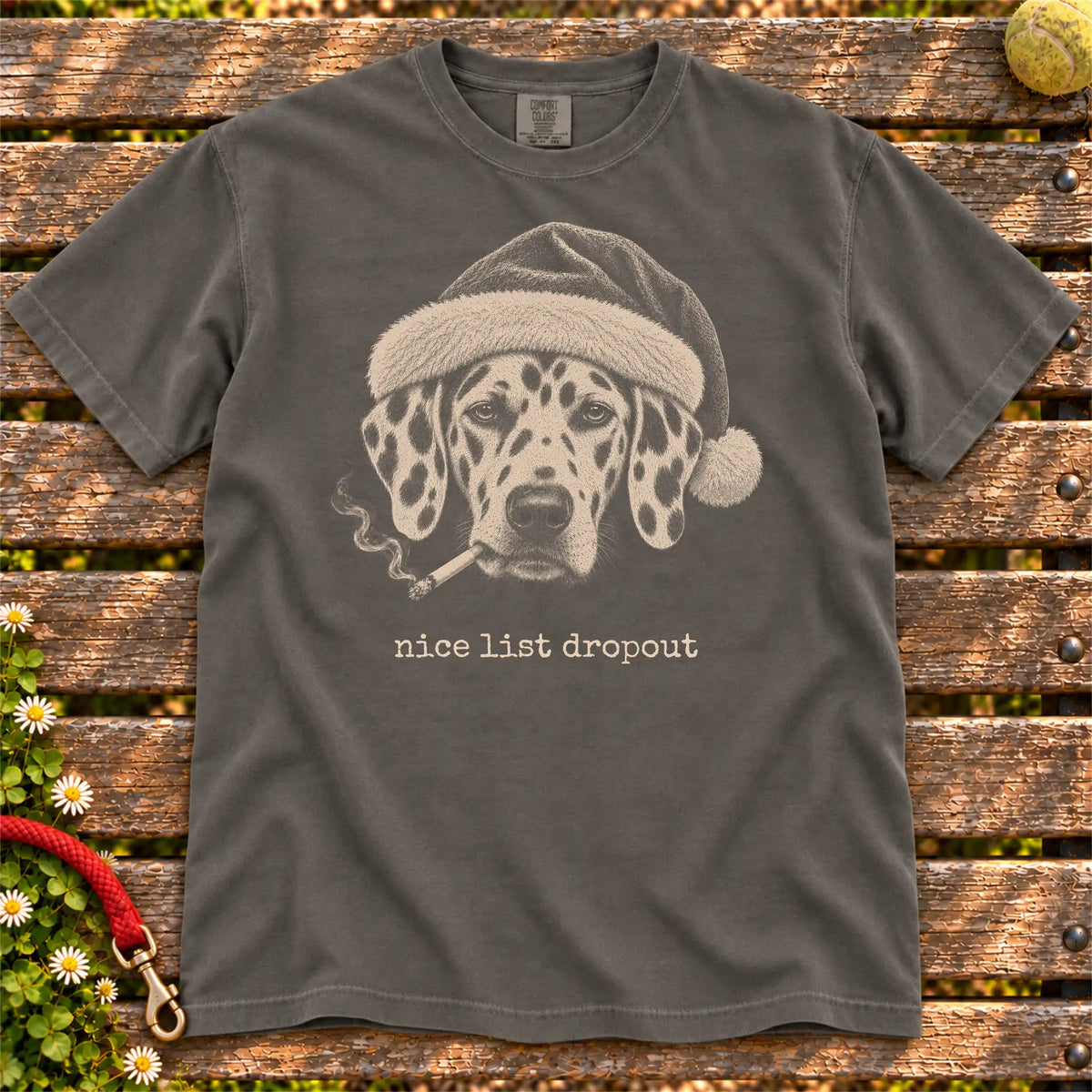 Dalmatian wearing a Santa hat and smoking on a Pepper T-shirt