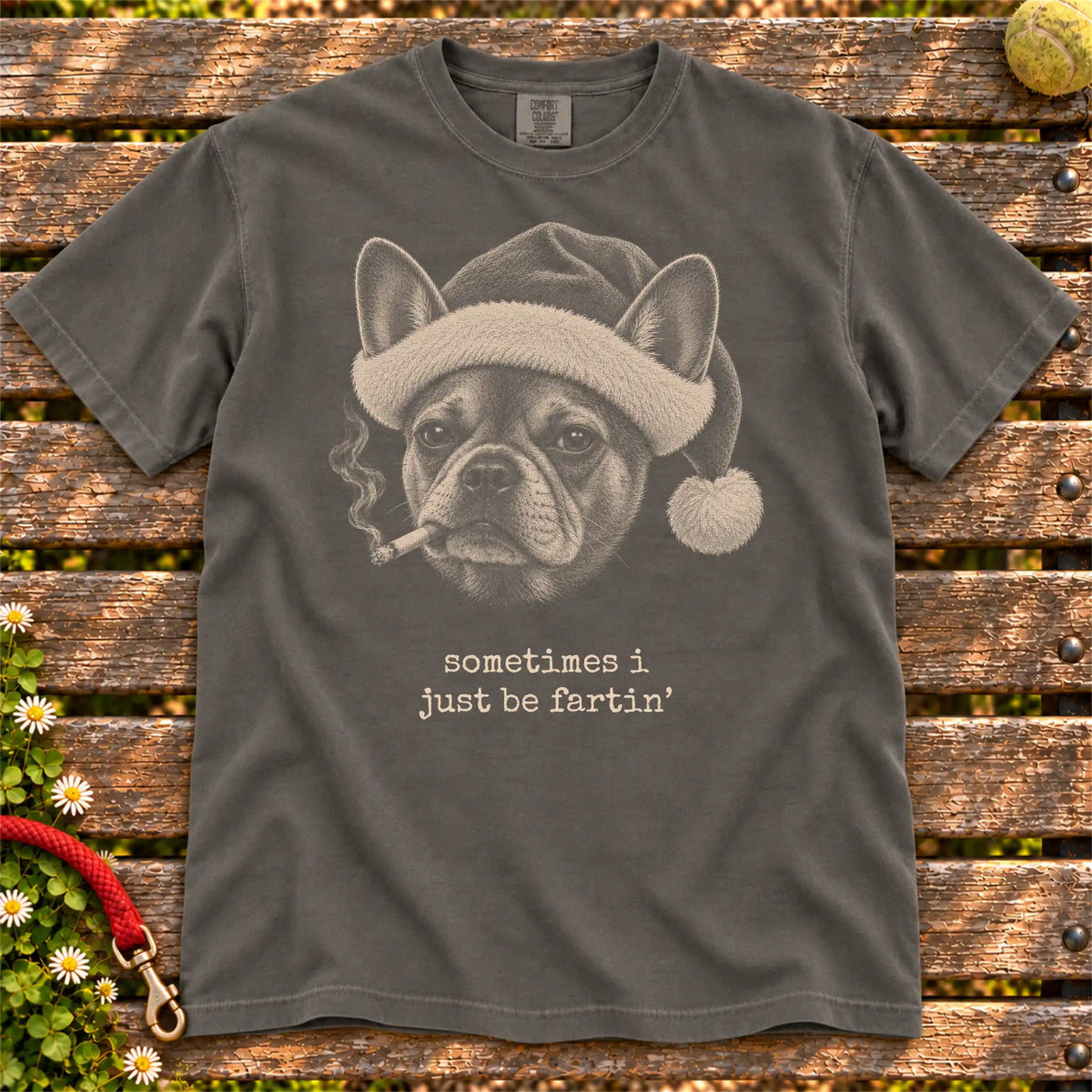 French Bulldog wearing a Santa hat and smoking on a Pepper T-shirt