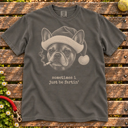 French Bulldog wearing a Santa hat and smoking on a Pepper T-shirt