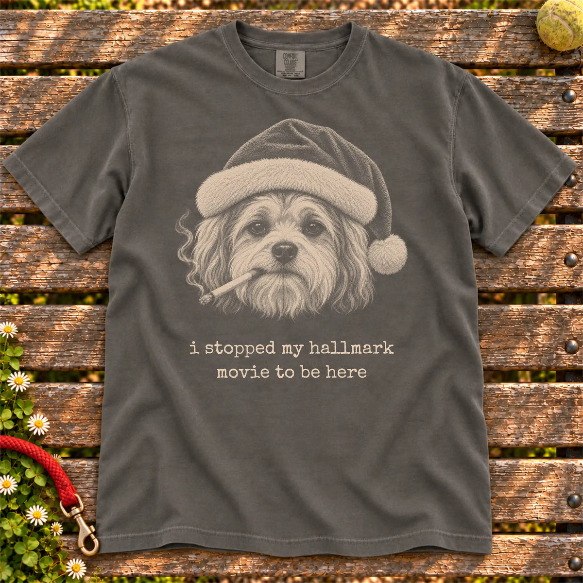 Havanese wearing a Santa hat and smoking on a Pepper T-shirt