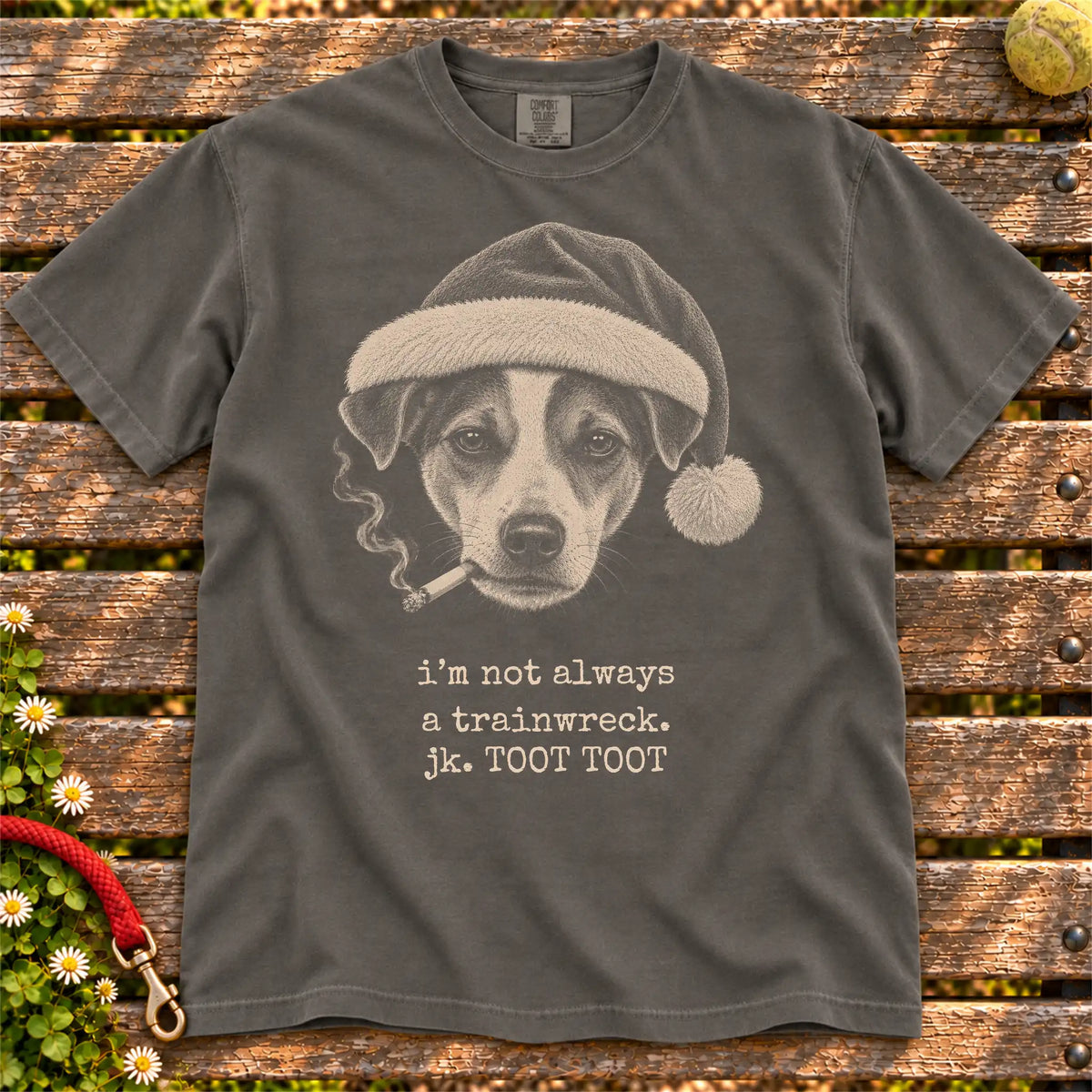 Jack Russell wearing a Santa hat and smoking on a Pepper T-shirt