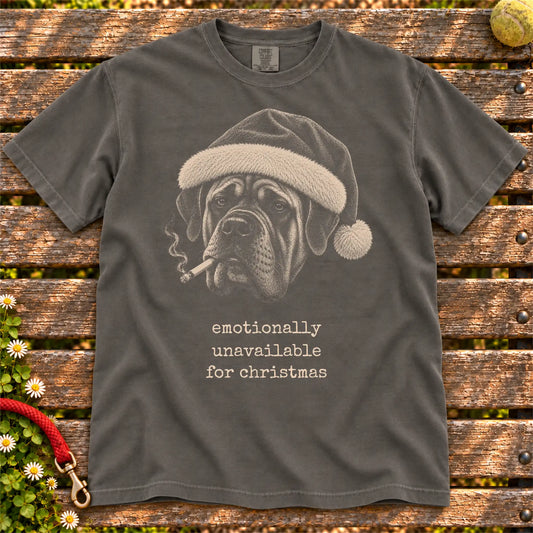 Mastiff wearing a Santa hat and smoking on a Pepper T-shirt