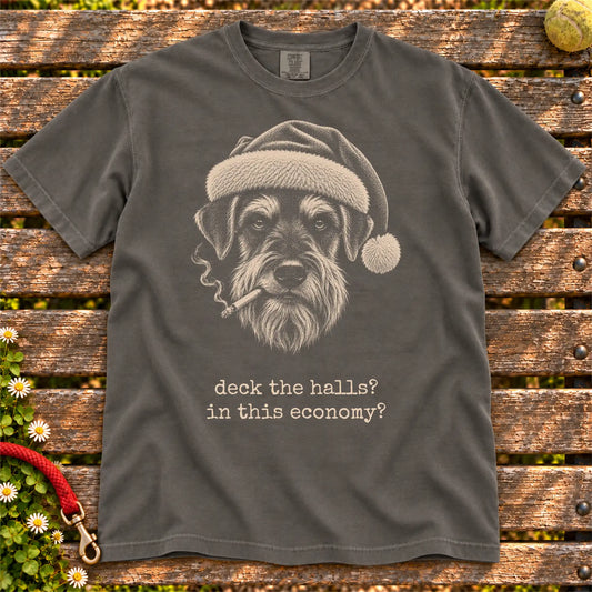 Schnauzer wearing a Santa hat and smoking on a Pepper T-shirt
