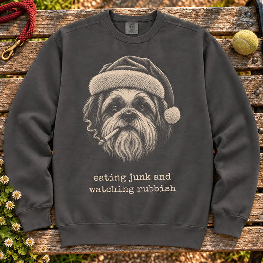 Shih Tzu wearing a Santa hat and smoking on a Pepper sweatshirt