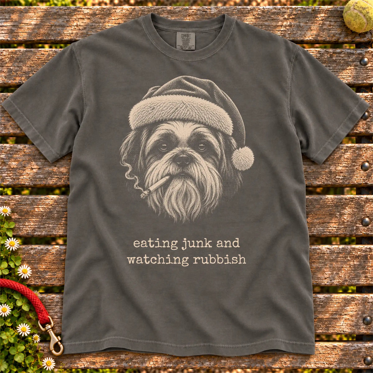Shih Tzu wearing a Santa hat and smoking on a Pepper T-shirt