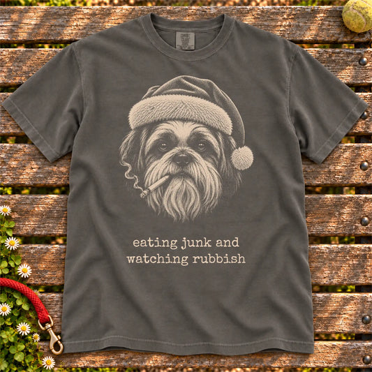 Shih Tzu wearing a Santa hat and smoking on a Pepper T-shirt