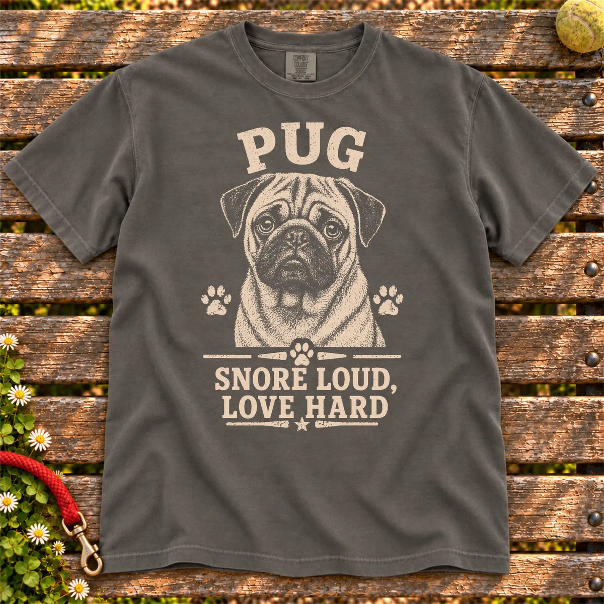Pug design with “Snore Loud, Love Hard” lettering on a Pepper Comfort Colors® T-shirt