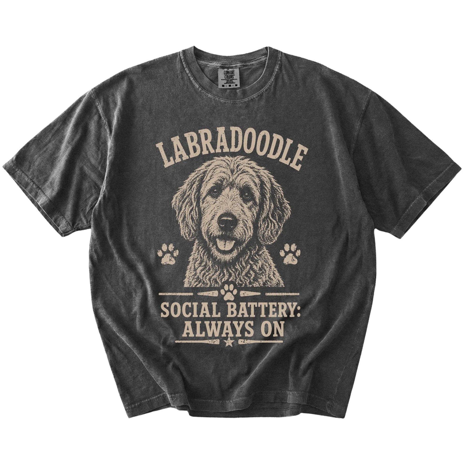Labradoodle design with “Social Battery” lettering on a Pepper Comfort Colors® T-shirt