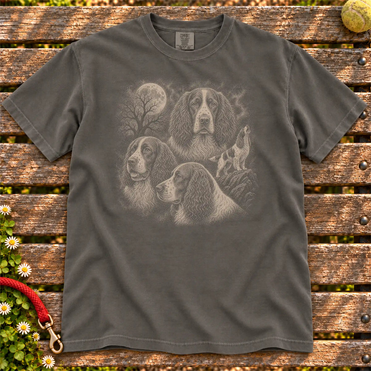 Springer Spaniel 90s Moon design on a Pepper T-shirt shown flat