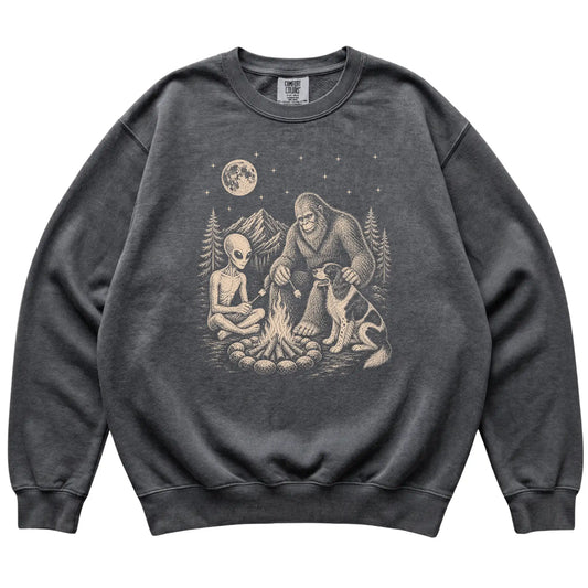 Pepper Springer Spaniel Camping with Bigfoot and Alien shirt laid flat
