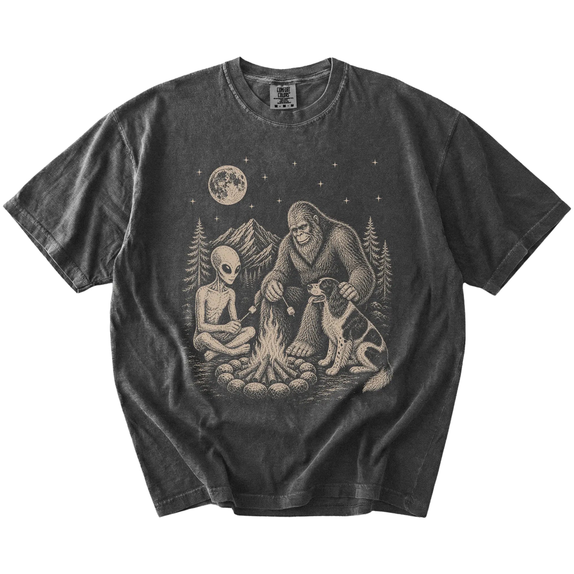 Springer Spaniel camping with Bigfoot and an alien on a Pepper Comfort Colors® T-shirt