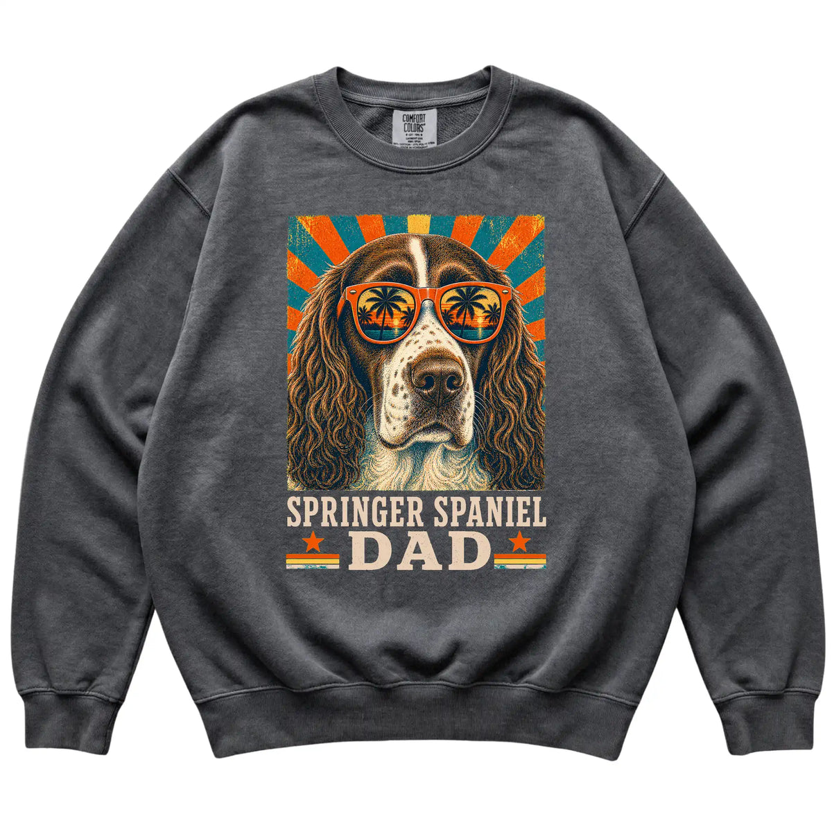 Retro Springer Spaniel Dad design on a Pepper Comfort Colors sweatshirt