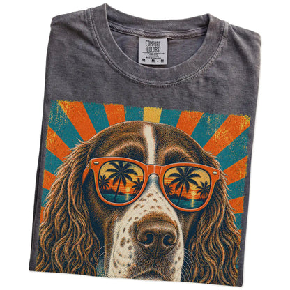 Retro Springer Spaniel Dad design on a Pepper Comfort Colors T-shirt folded detail