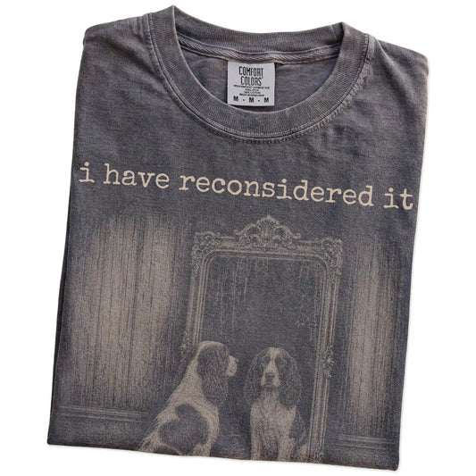 Folded Pepper Comfort Colors® T-shirt showing “the answer is still no” springer spaniel design