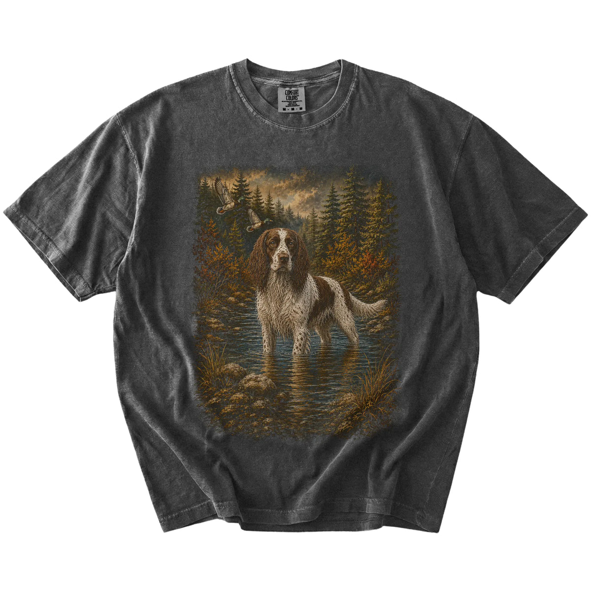 Pepper Springer Spaniel Duck Hunting T-Shirt laid flat