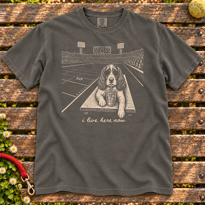 Springer Spaniel Iced Coffee Football design on a Pepper Comfort Colors T-shirt, shown flat