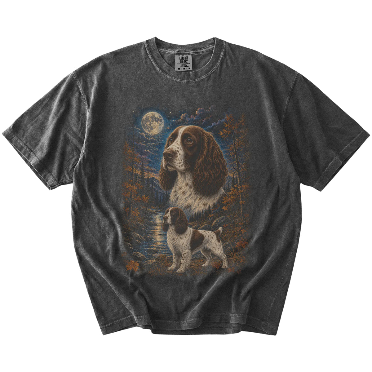 Springer Spaniel in a moonlit fall forest scene on a Pepper Comfort Colors® t-shirt