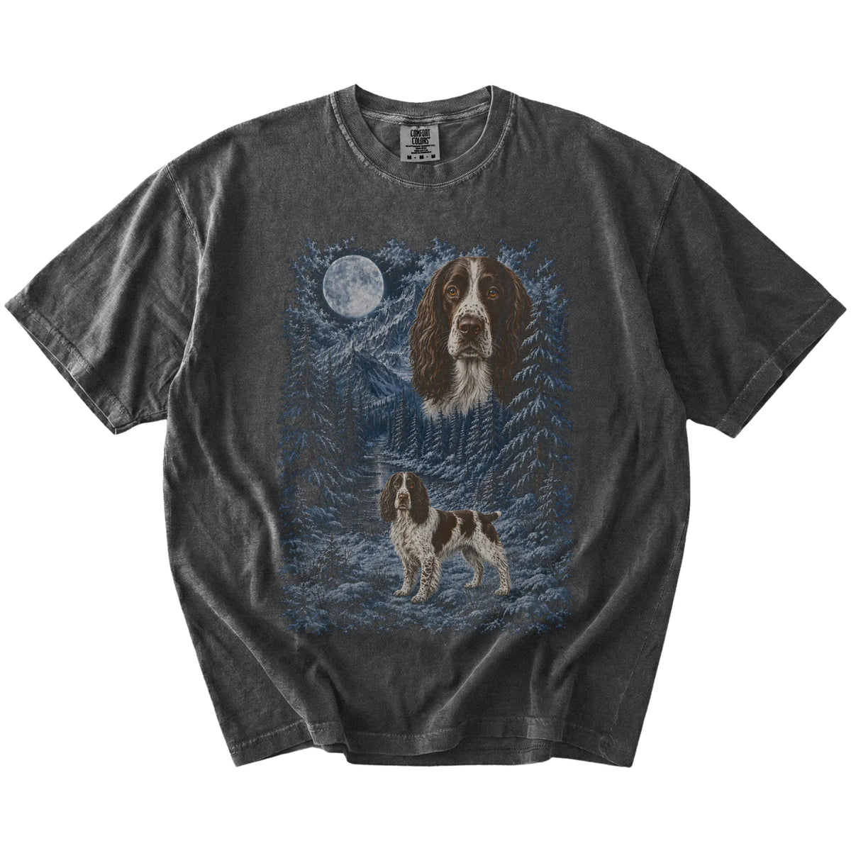 Springer Spaniel in a snowy winter forest on a Pepper t-shirt