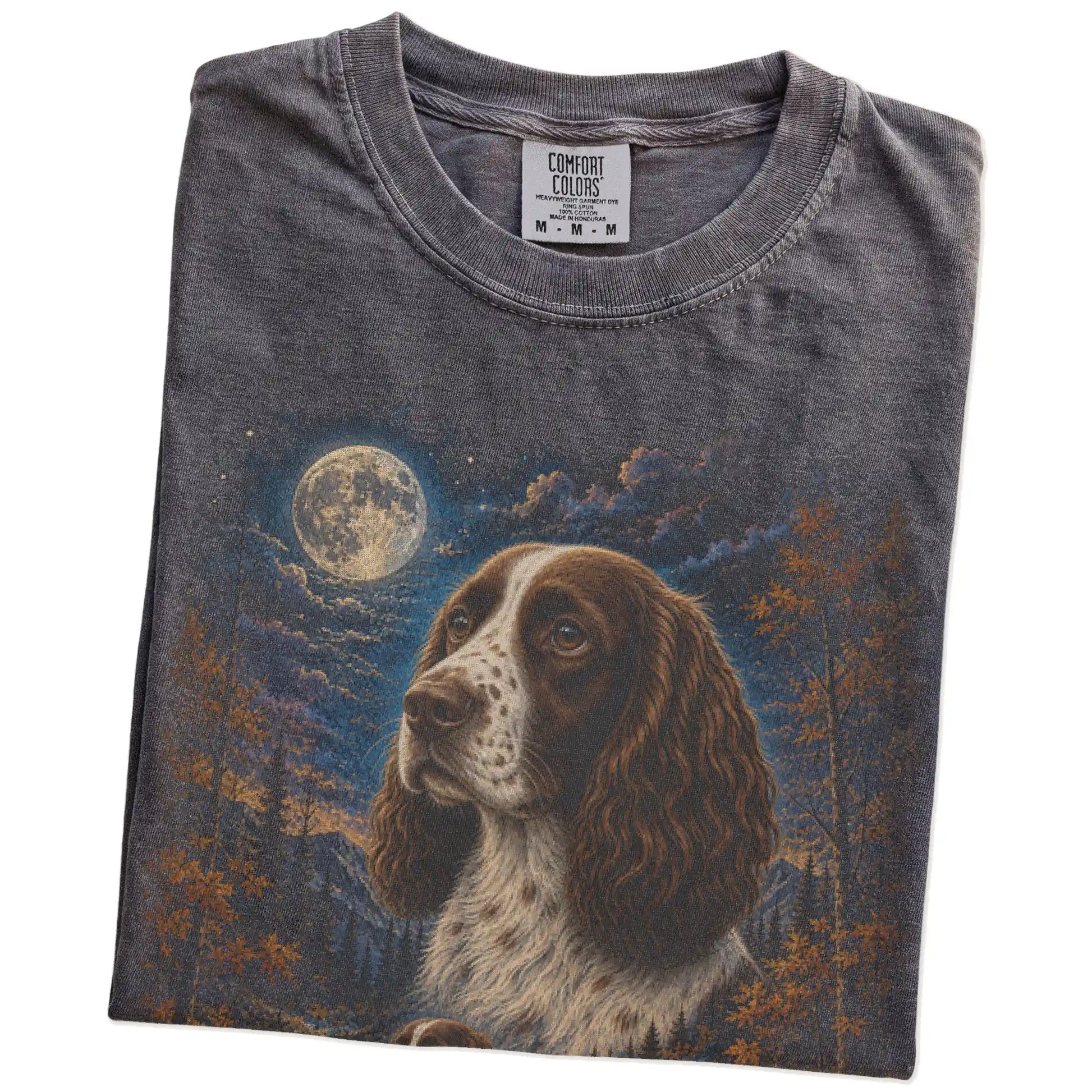 Folded Pepper Comfort Colors® t-shirt showing Springer Spaniel in a fall forest graphic