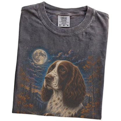 Folded Pepper Comfort Colors® t-shirt showing Springer Spaniel in a fall forest graphic
