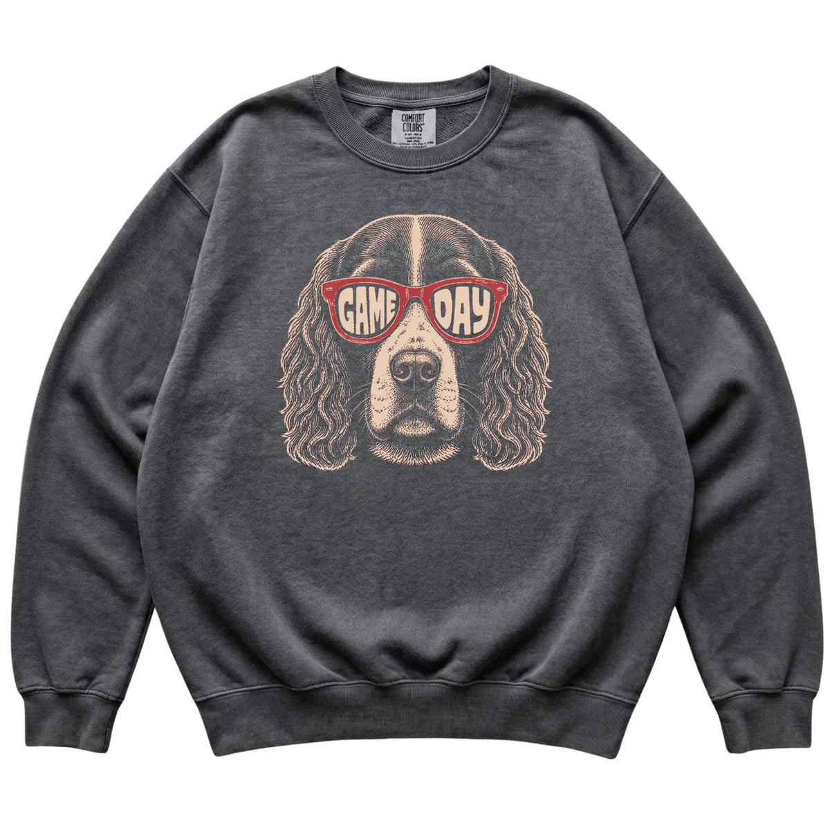 Springer Spaniel Game Day design on a Pepper sweatshirt, flat lay