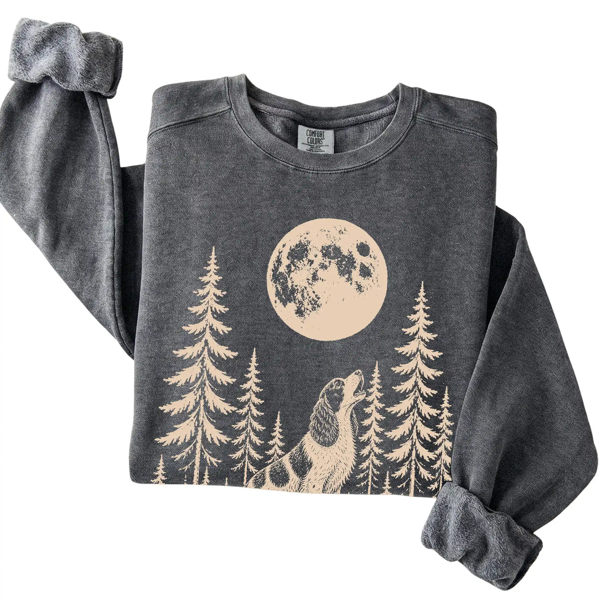 Springer Spaniel Howling at the Moon Comfort Colors sweatshirt in Pepper