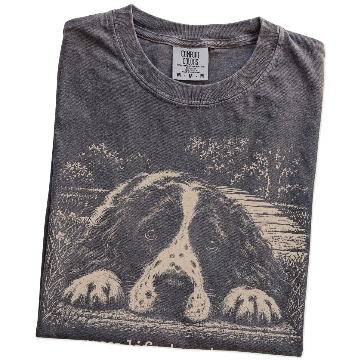 Springer Spaniel Karma Comfort Colors T-shirt in Pepper — Folded Detail