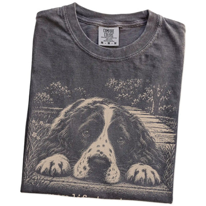 Springer Spaniel Karma Comfort Colors T-shirt in Pepper — Folded Detail