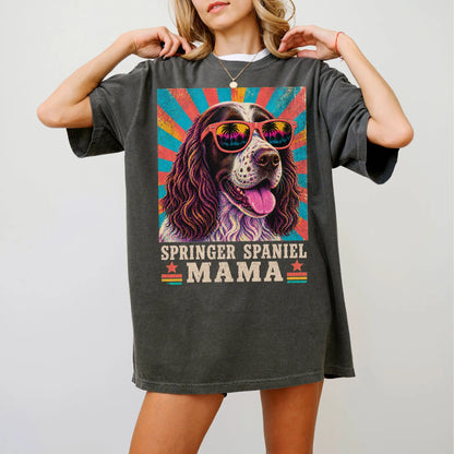 Retro Springer Spaniel Mama design on a Pepper Comfort Colors T-shirt worn by a model