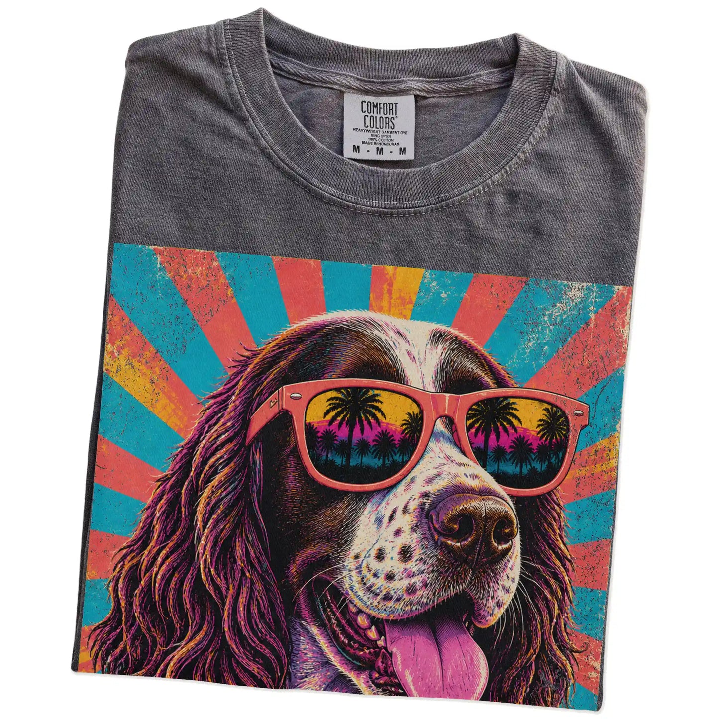 Retro Springer Spaniel Mama design on a Pepper Comfort Colors T-shirt folded detail