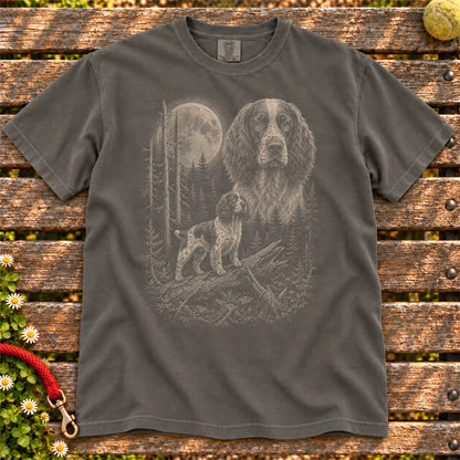 Springer Spaniel Moonlit Forest design on a Pepper T-shirt shown flat
