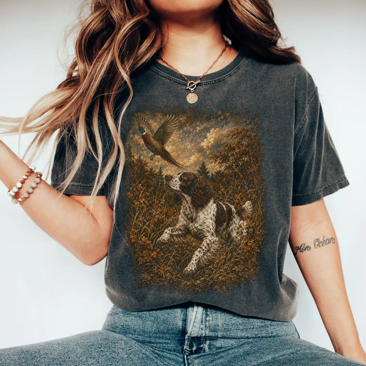 Woman wearing a Pepper Springer Spaniel Pheasant Hunting T-Shirt