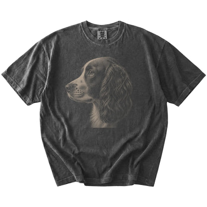 A detailed photographic portrait of a Springer Spaniel on a Pepper Comfort Colors® T-shirt