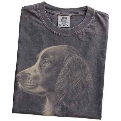Folded Pepper Comfort Colors® T-shirt showing a detailed photographic portrait of a Springer Spaniel