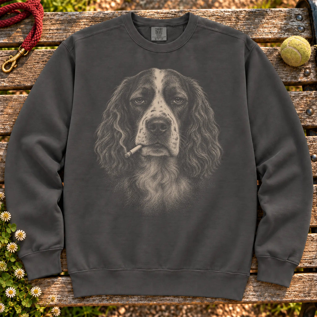 Springer Spaniel smoking design on a Pepper sweatshirt