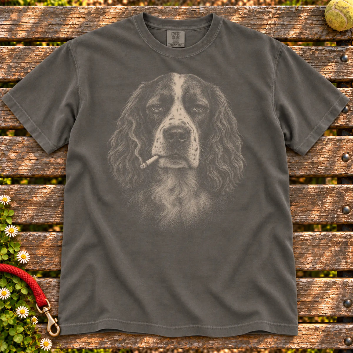 Springer Spaniel smoking design on a Pepper t-shirt