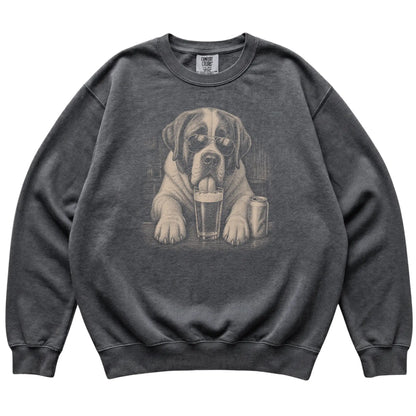Pepper St Bernard drinking from a pint at a bar, laid flat