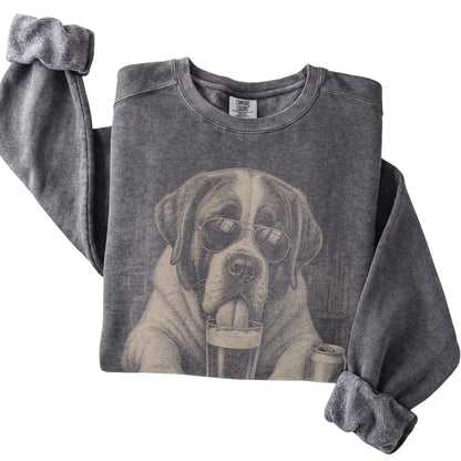 Pepper St Bernard drinking from a pint at a bar, folded detail view