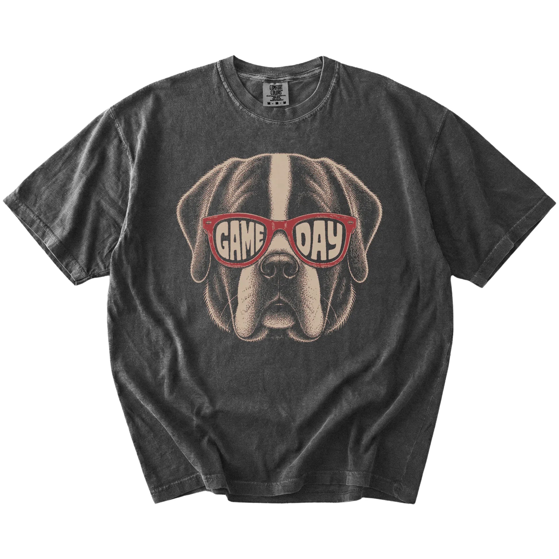 Saint Bernard wearing red Game Day sunglasses on a Pepper Comfort Colors® T-shirt