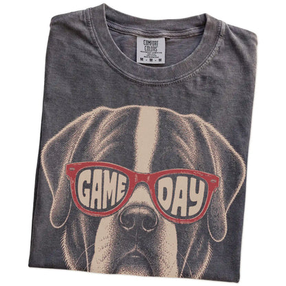 Folded Pepper Comfort Colors® T-shirt showing saint bernard wearing red game day sunglasses