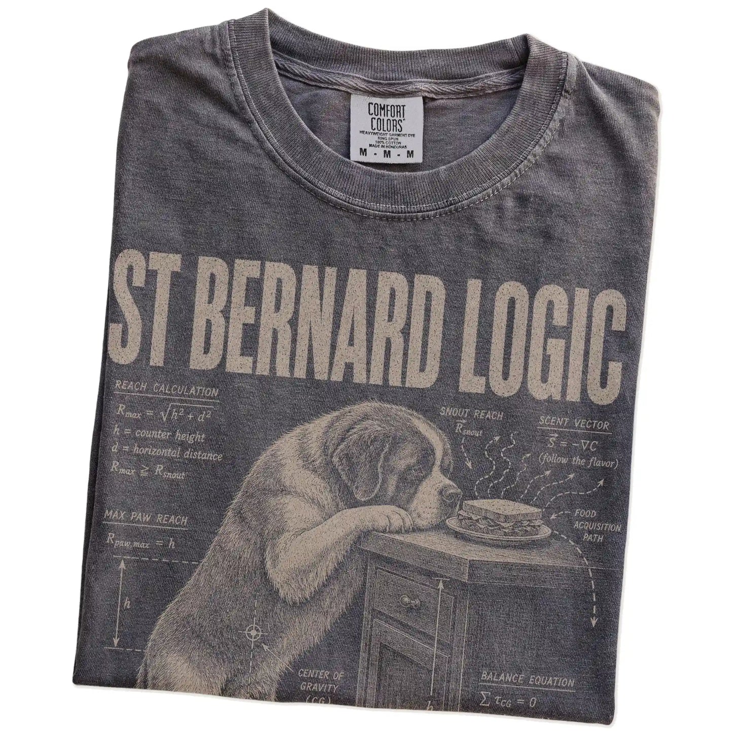 Folded Pepper St Bernard Logic t-shirt showing the graphic